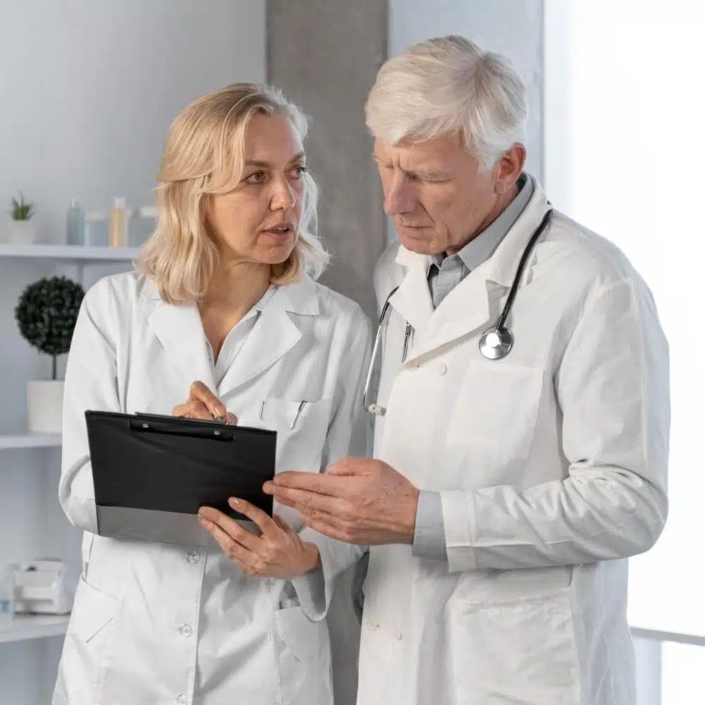 Two medical professionals reviewing medical information together while looking at a writing pad