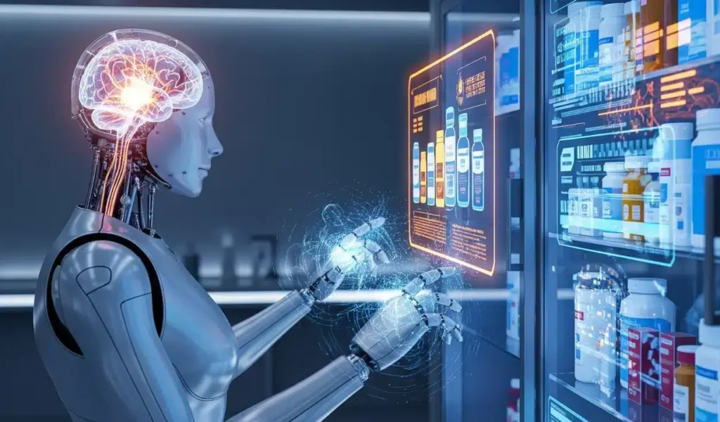 A robot examines a refrigerator displaying various medication pills, highlighting AI's role in medication management.
