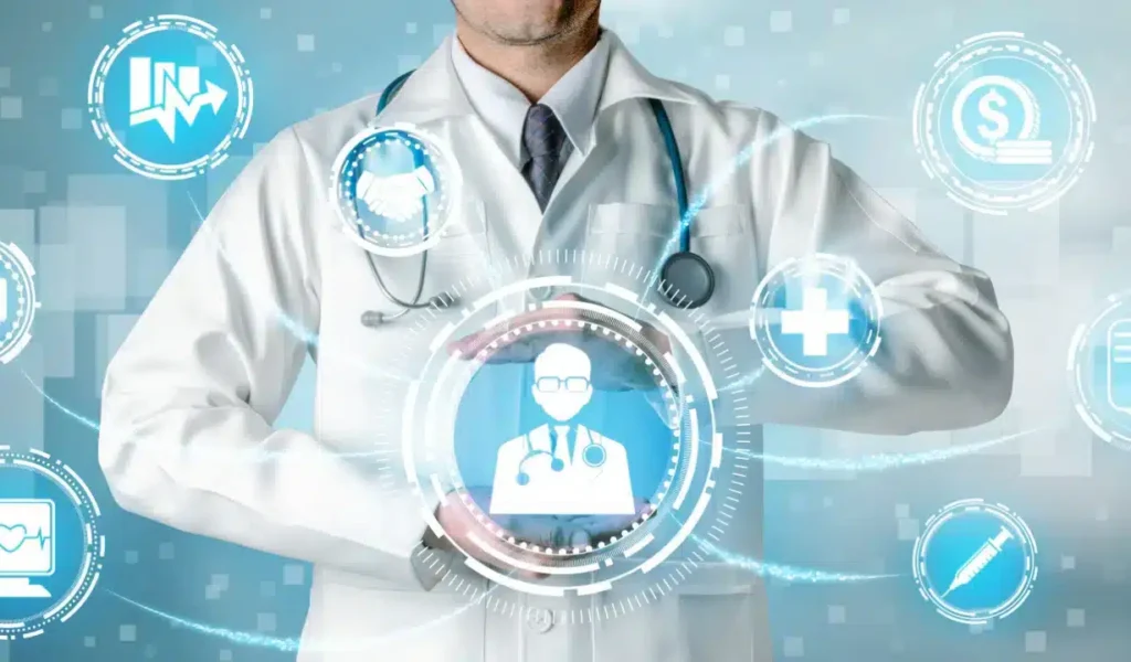 A doctor holds a device displaying icons, symbolizing the cost of implementing AI in healthcare.