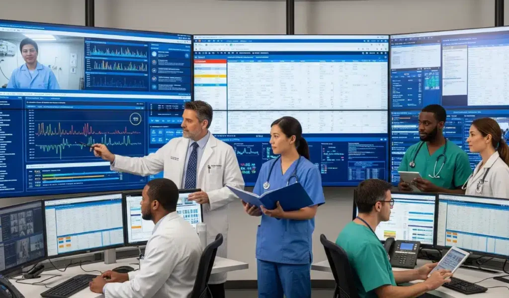 A group of doctors and nurses stands in front of multiple monitors, discussing the 5 Rights of Clinical Decision Support.