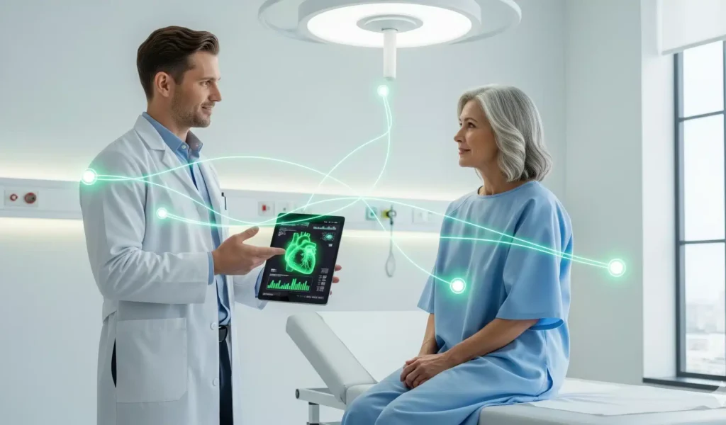 A doctor shows a tablet to a patient, highlighting AI Patient Engagement technology in a healthcare setting.