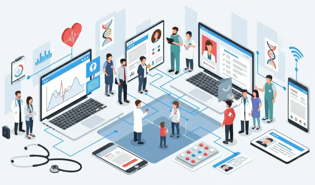 People standing around a laptop and tablet, focused on the benefits of data analytics in healthcare.