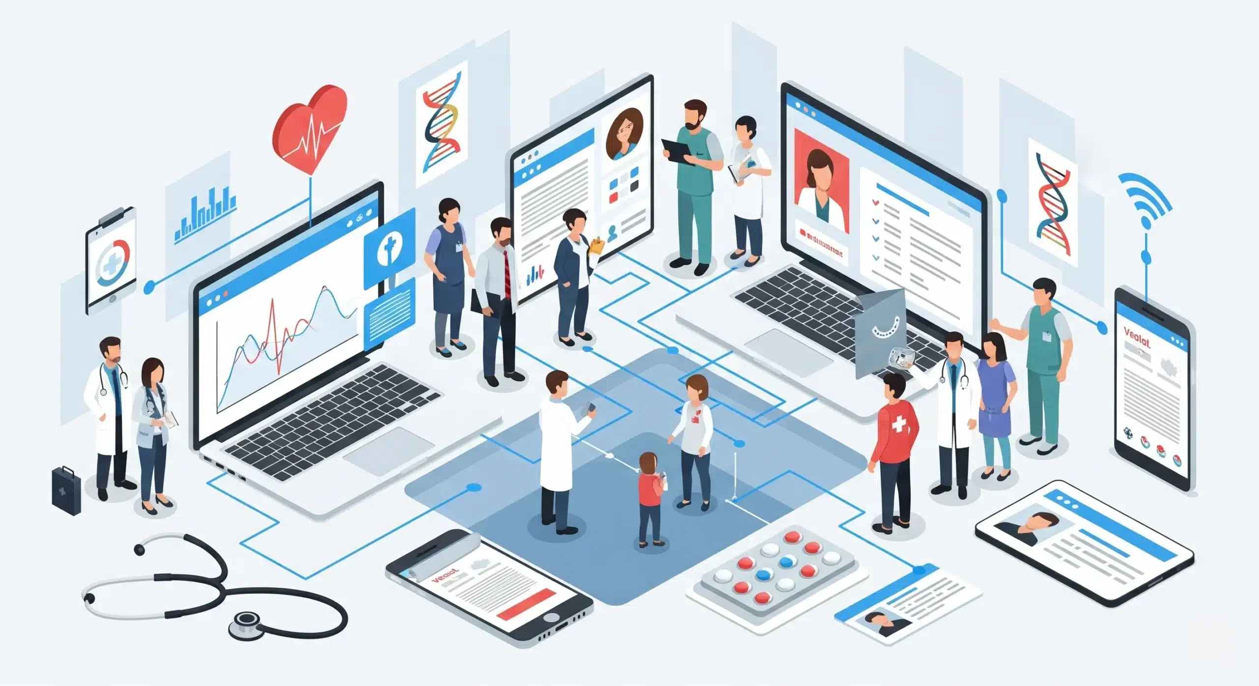 People standing around a laptop and tablet, focused on the benefits of data analytics in healthcare.