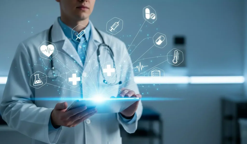 A physician with a tablet featuring medical symbols, highlighting the advantages of interoperability in healthcare systems.