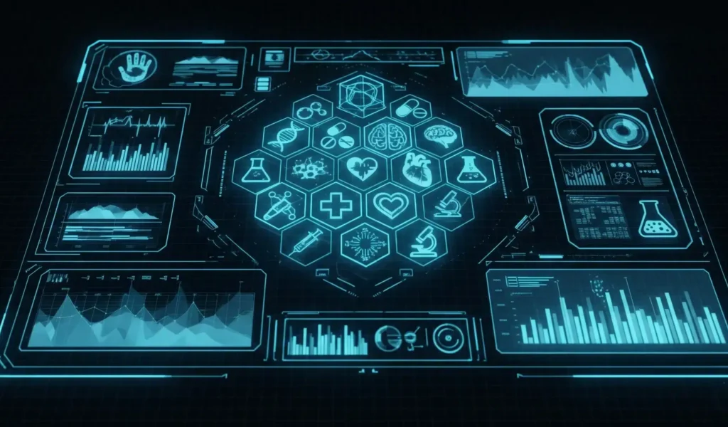 Futuristic interface displaying various icons and data related to EHR data migration.