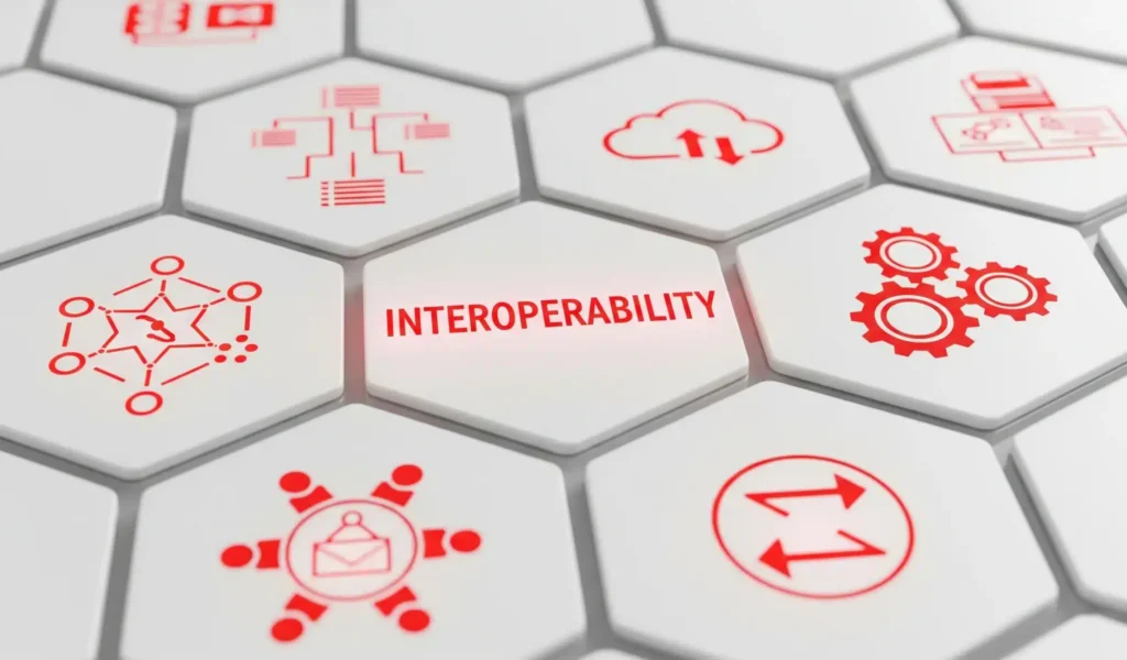 Red icons on a white hexagon depict interoperability concepts, highlighting advancements in healthcare connectivity.