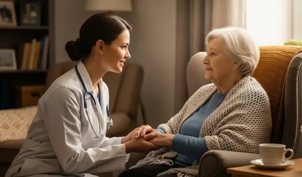 A female doctor talks to an elderly woman, emphasizing patient engagement strategies for better healthcare outcomes.