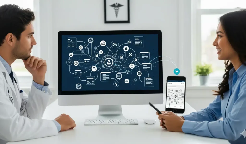 Visual representation of two people in a room with a computer and phone, focusing on Semantic Interoperability in Healthcare.