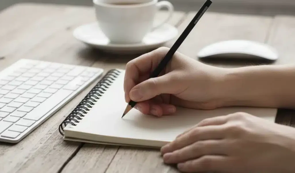 A person writes in a notebook on a wooden table, with a cup of coffee nearby, focusing on an occupational therapy soap note.