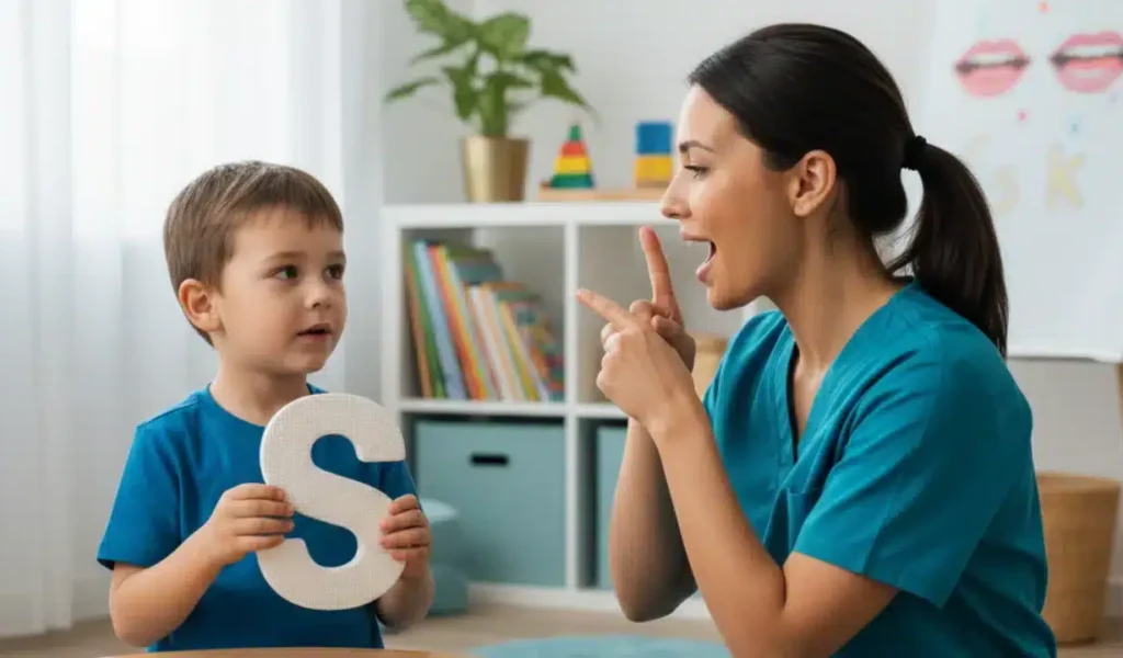 A woman teaches a child to pronounce the letter 's' during a speech therapy session focused on articulation skills.