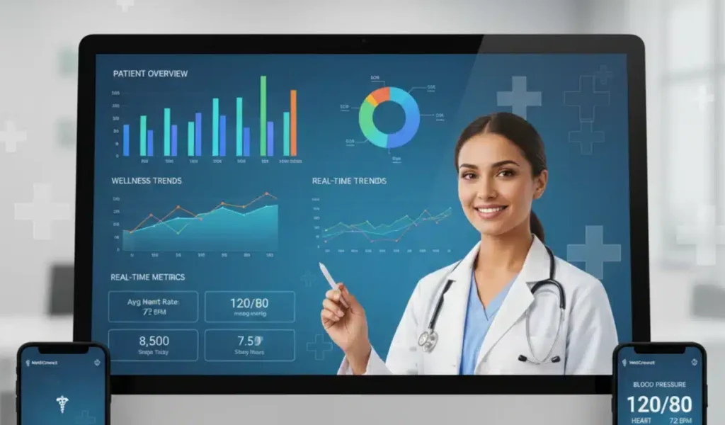 A woman in a white coat sits on a desk, using a laptop and phone, representing a top-rated EHR system.