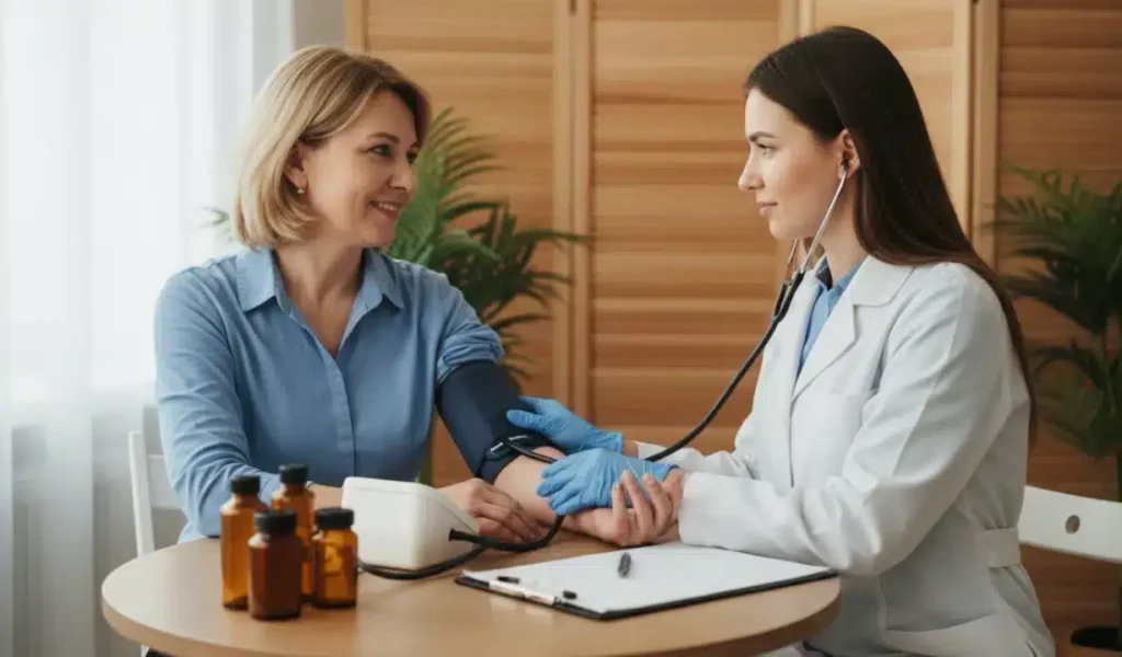 A woman receives a blood pressure check from her doctor, emphasizing the benefits of effective care coordination.