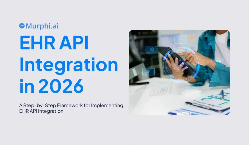 EHR API Integration in 2026 sign with person using tablet, surrounded by digital interface icons. Futuristic, tech-focused tone.